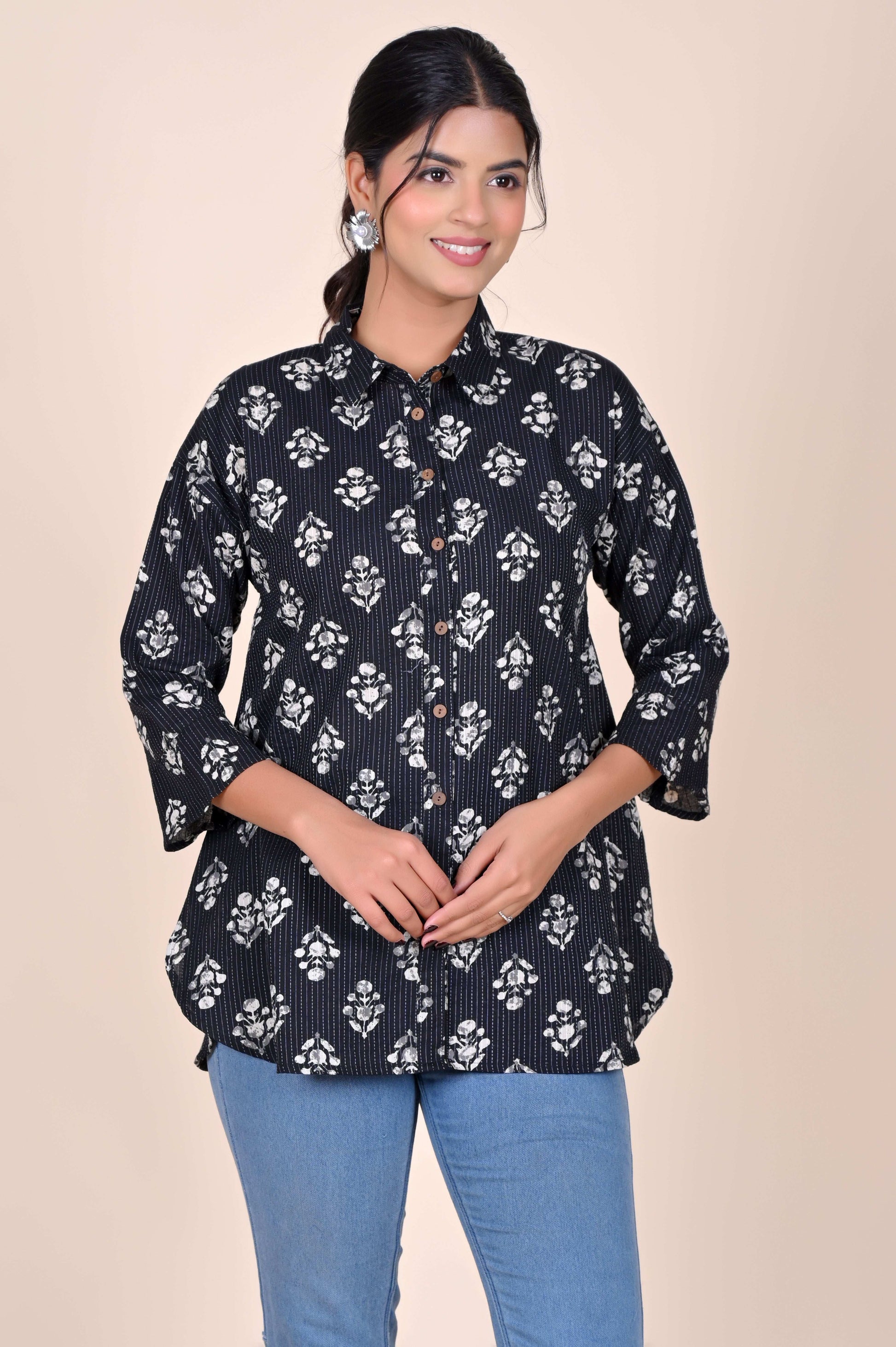 Women's Katha Work Pure Cotton Shirt – Black & White Floral Buti Design