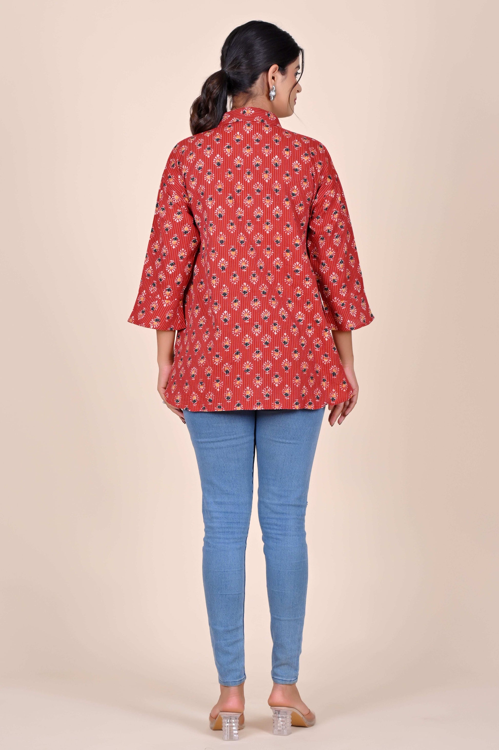 Women's Katha Work Pure Cotton Shirt – Red Floral Buti Design