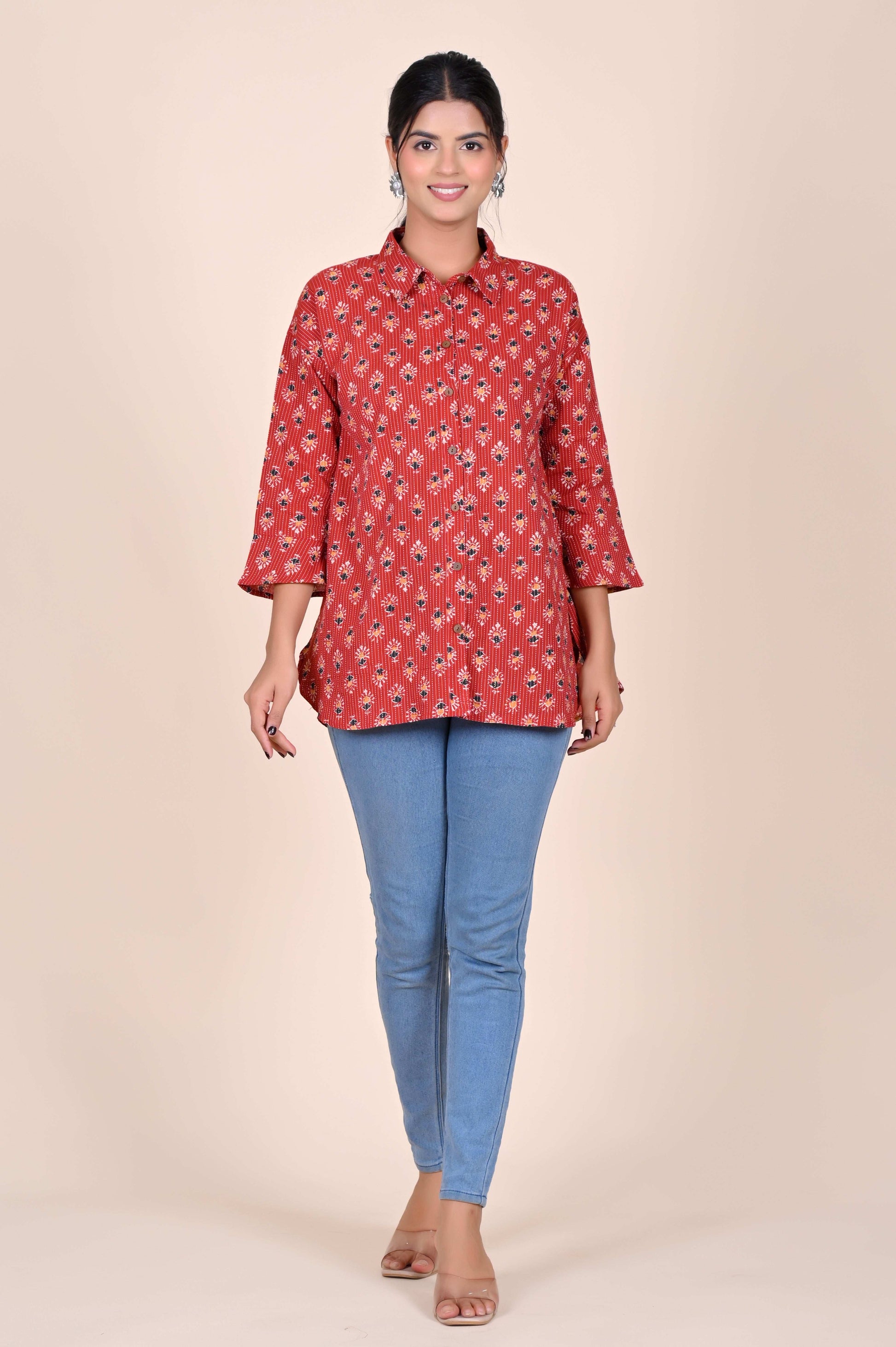 Women's Katha Work Pure Cotton Shirt – Red Floral Buti Design