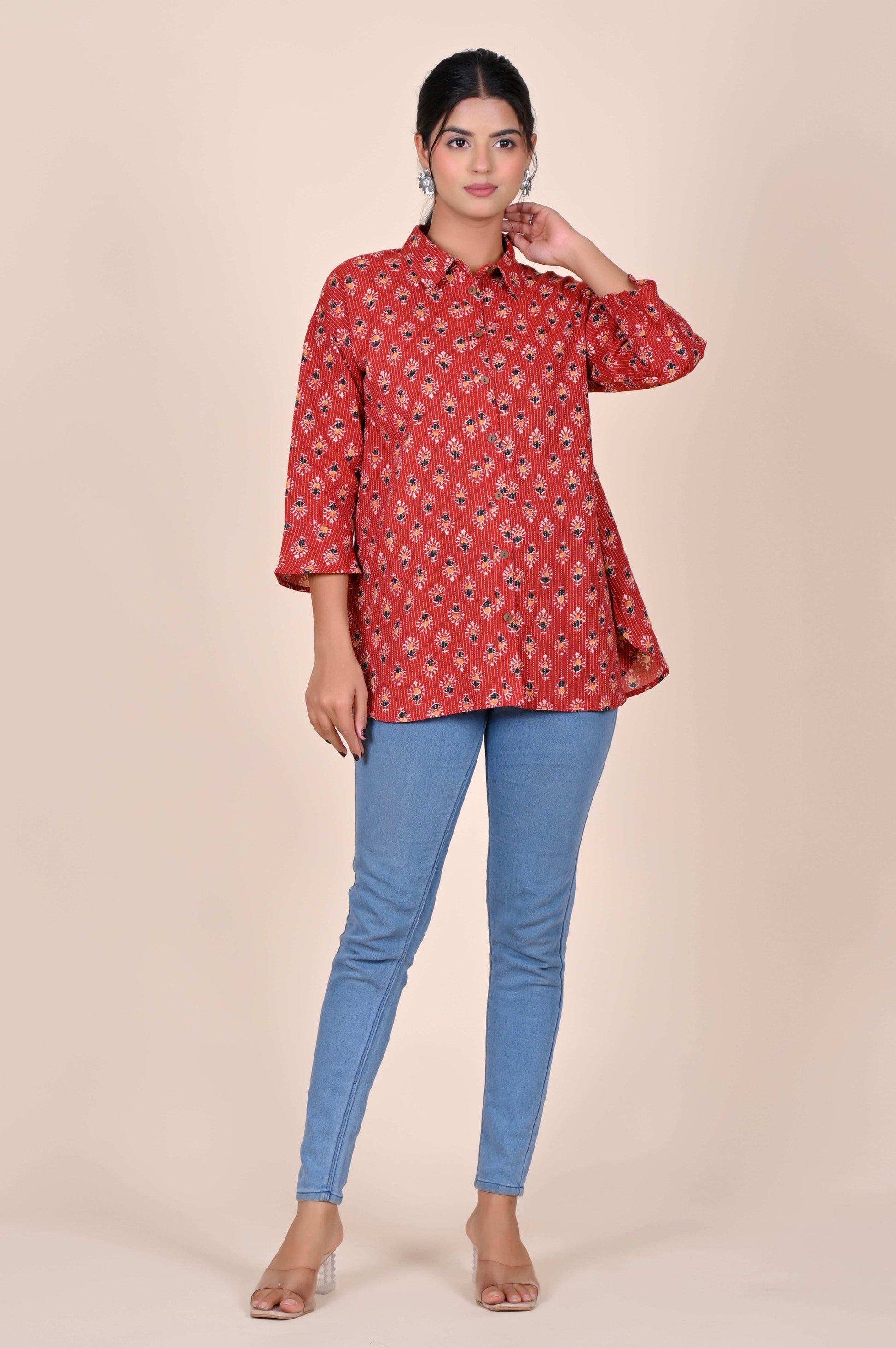 Women's Katha Work Pure Cotton Shirt – Red Floral Buti Design
