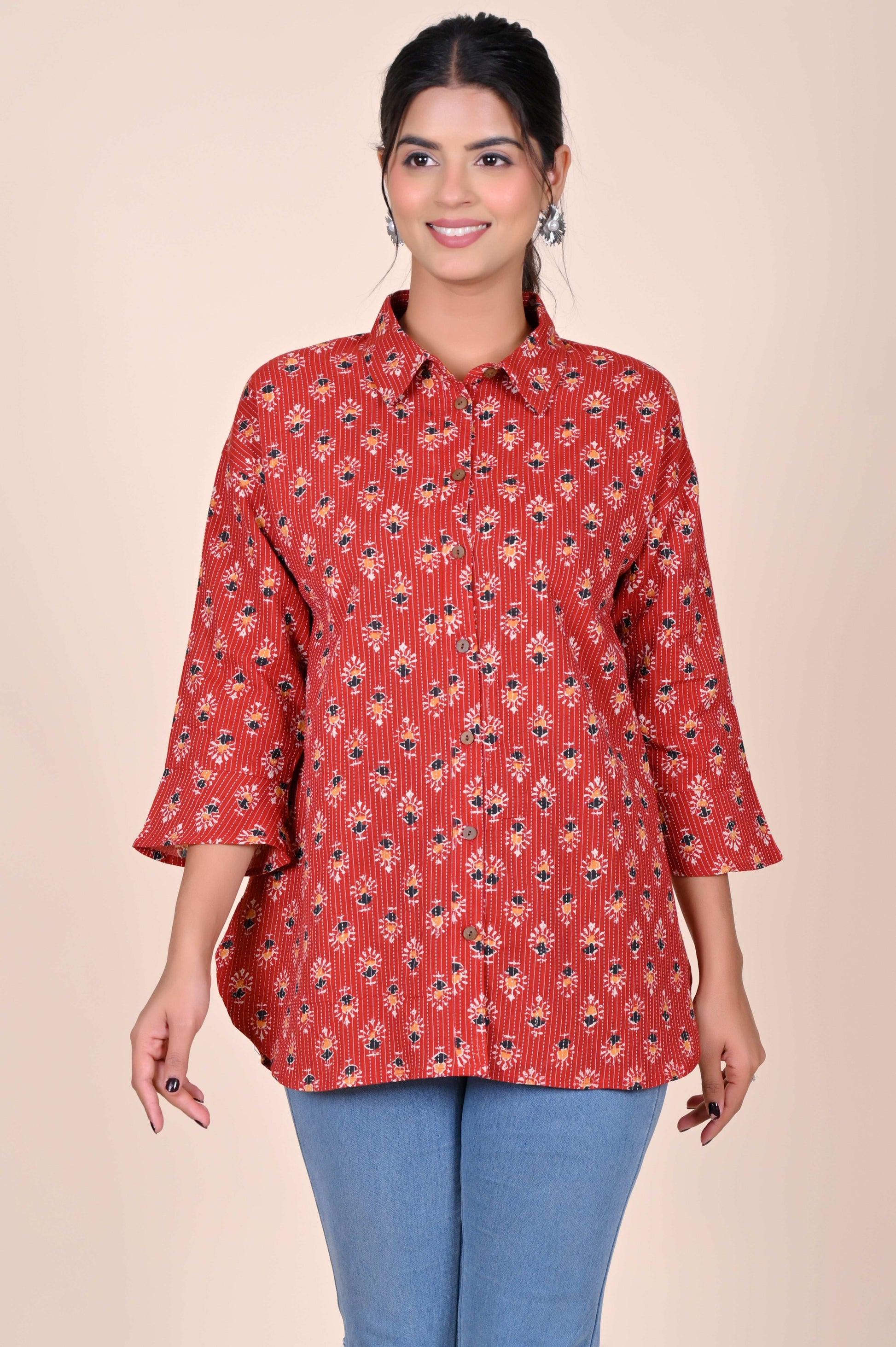 Women's Katha Work Pure Cotton Shirt – Red Floral Buti Design
