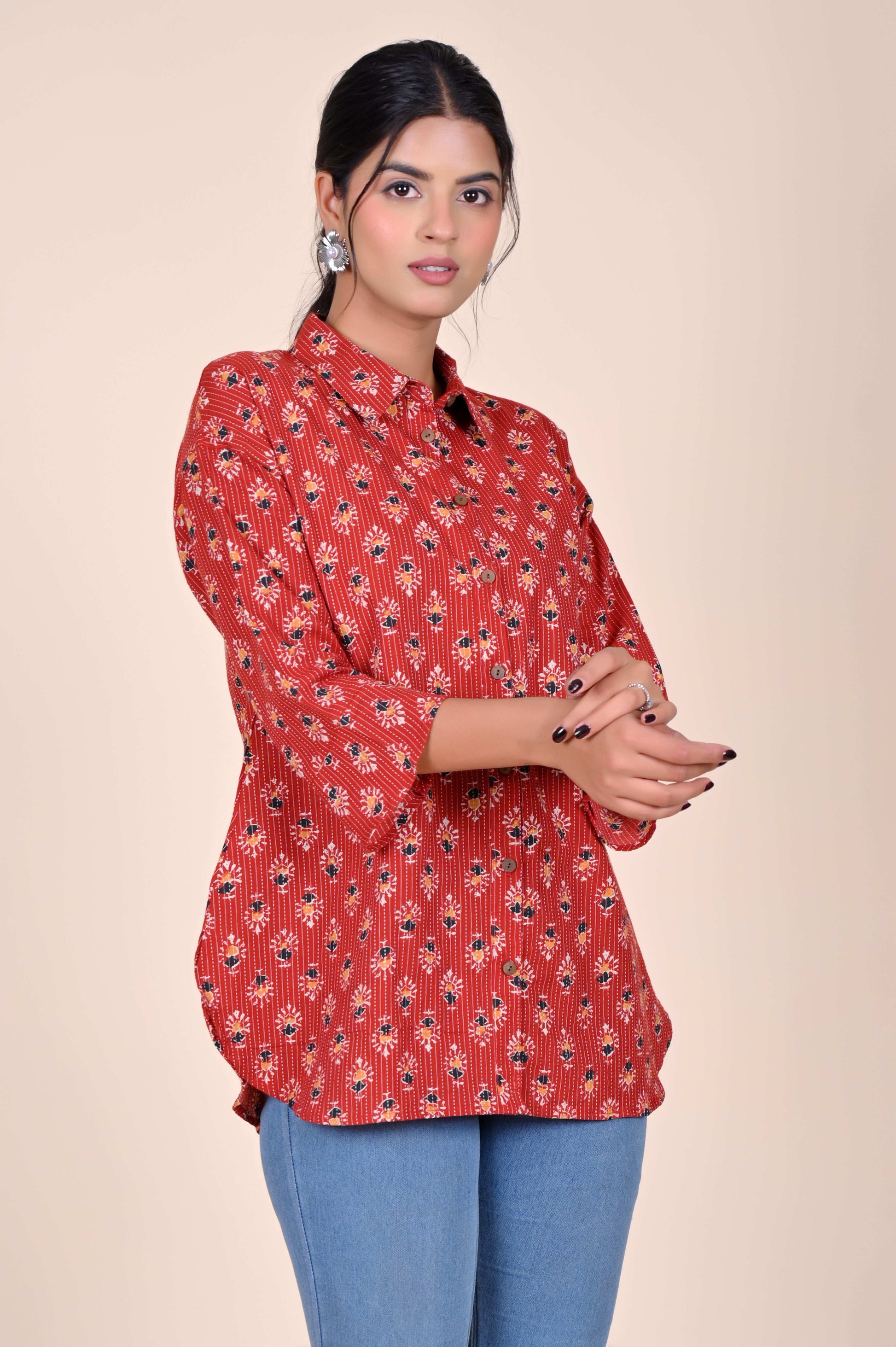 Women's Katha Work Pure Cotton Shirt – Red Floral Buti Design