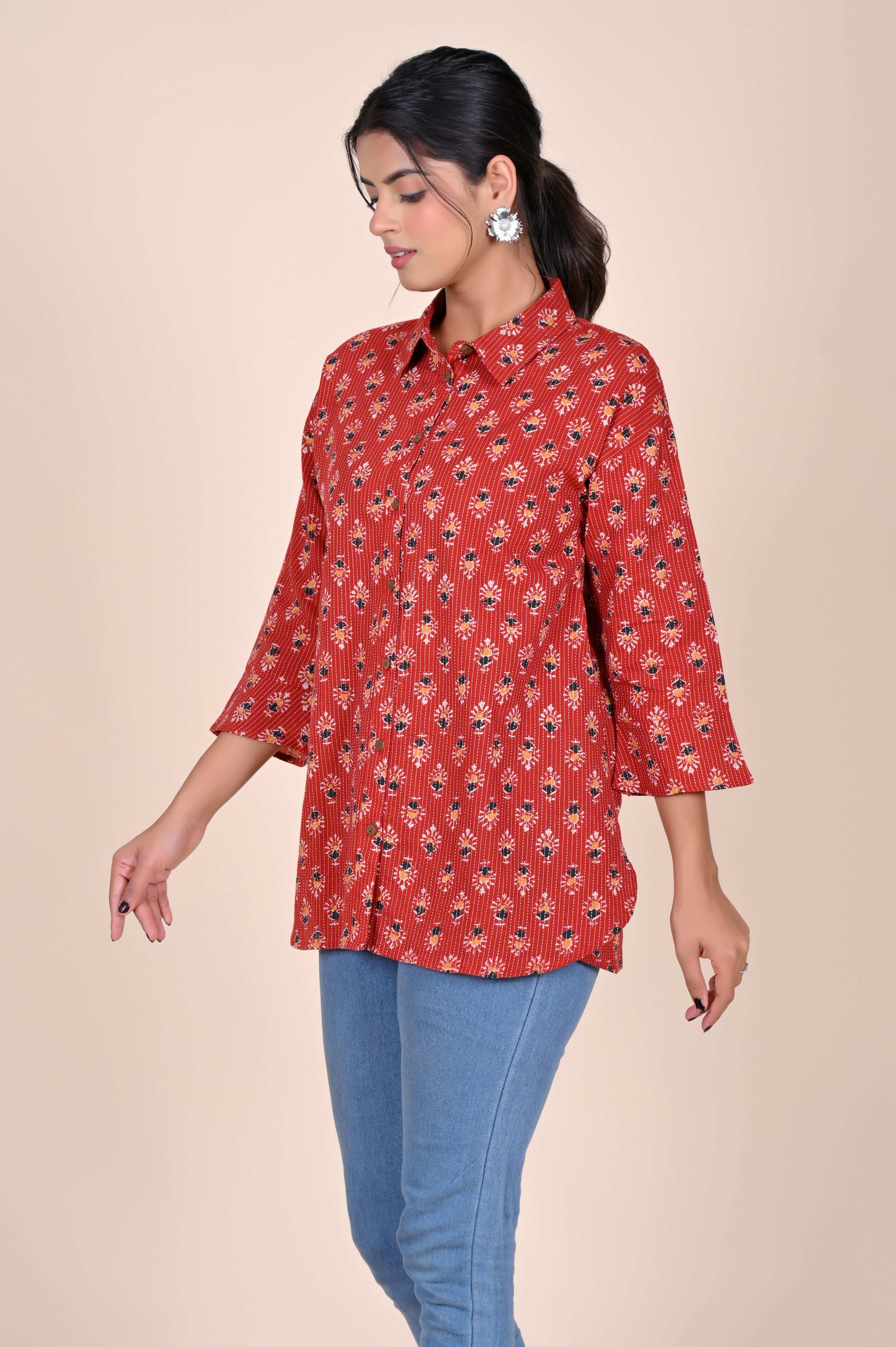 Women's Katha Work Pure Cotton Shirt – Red Floral Buti Design
