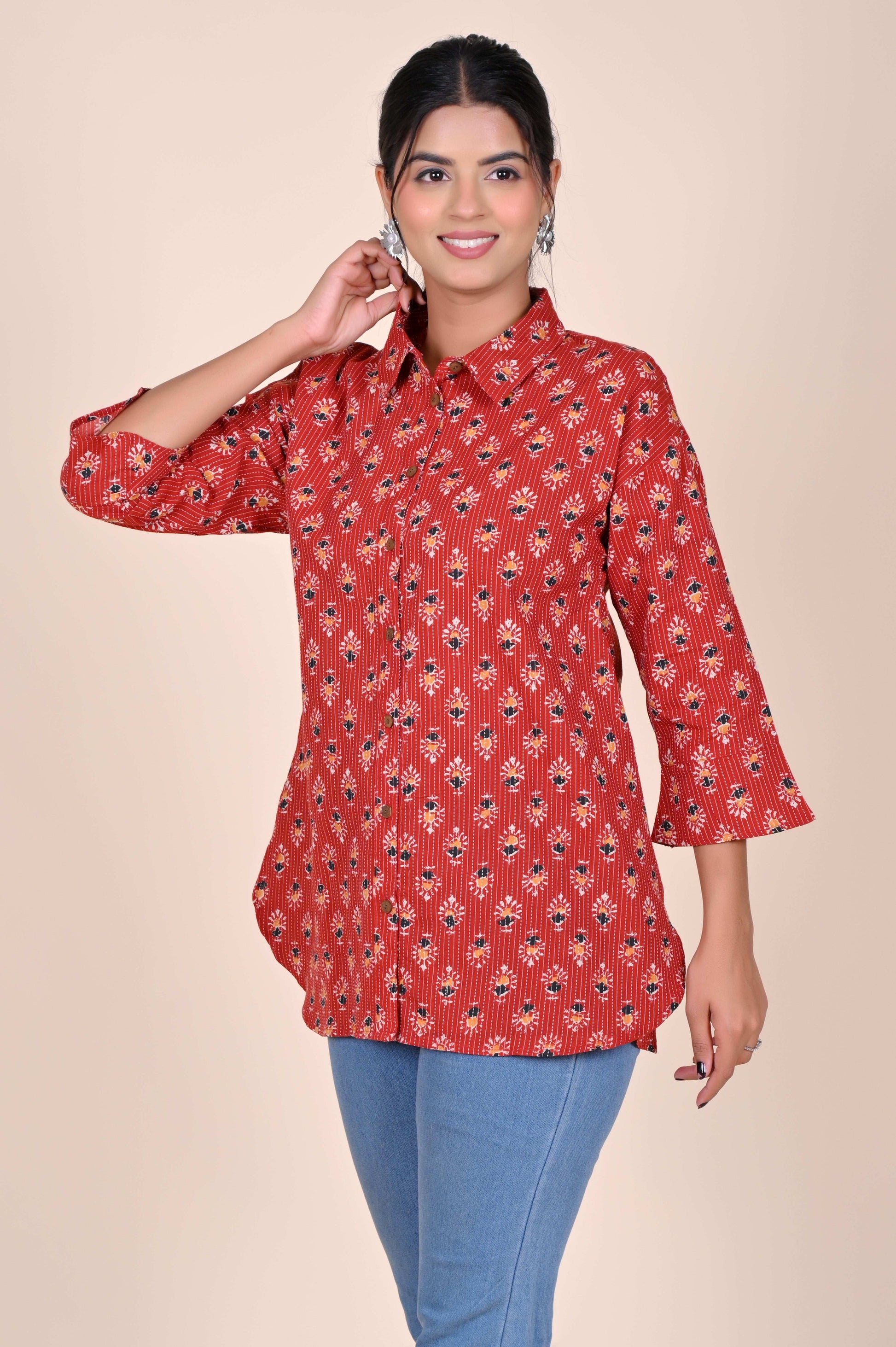 Women's Katha Work Pure Cotton Shirt – Red Floral Buti Design