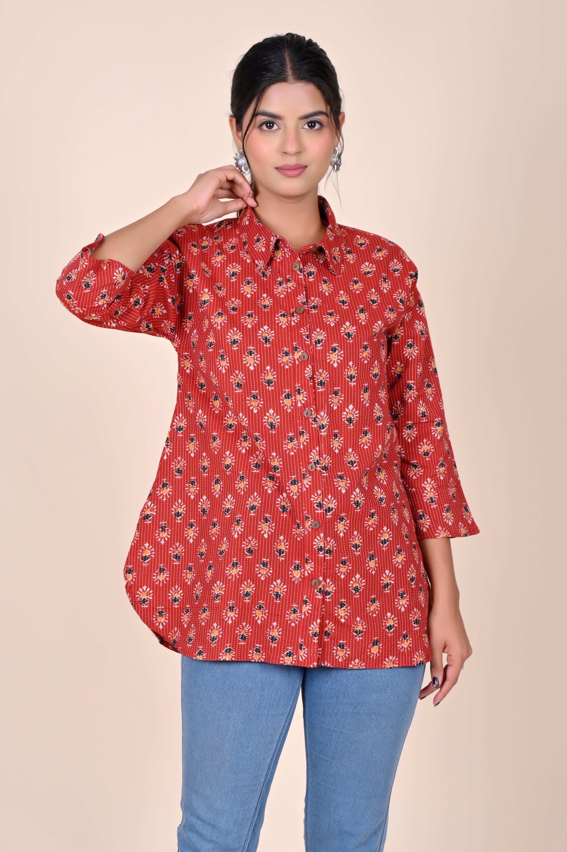 Women's Katha Work Pure Cotton Shirt – Red Floral Buti Design