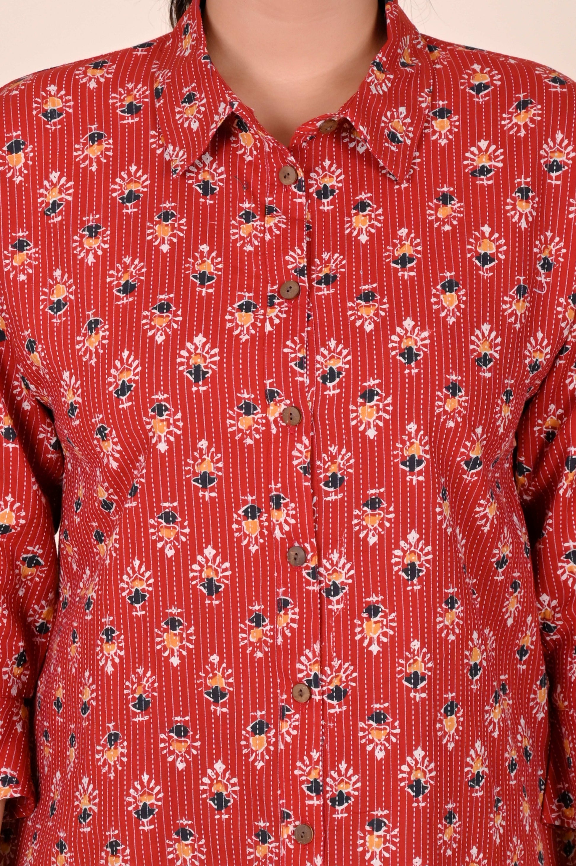 Women's Katha Work Pure Cotton Shirt – Red Floral Buti Design
