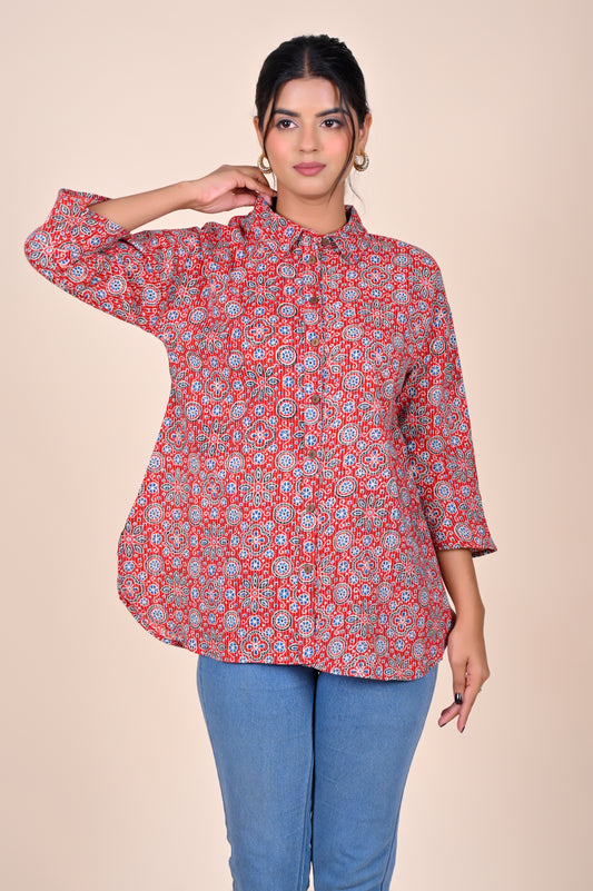 Women's Katha Work Pure Cotton Shirt – Red Ajrakh Buti Design