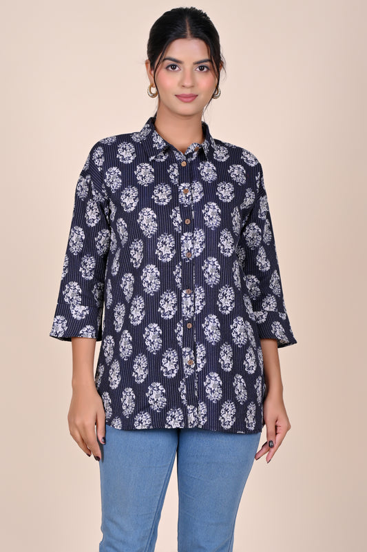 Women's Katha Work Pure Cotton Shirt – Black Big Buti Design