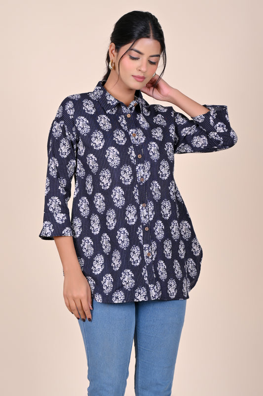 Women's Katha Work Pure Cotton Shirt – Black Big Buti Design
