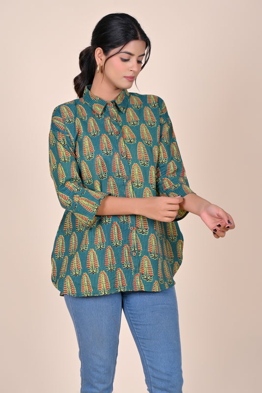 Women's Katha Work Pure Cotton Shirt – Teal Leaf Buti Design