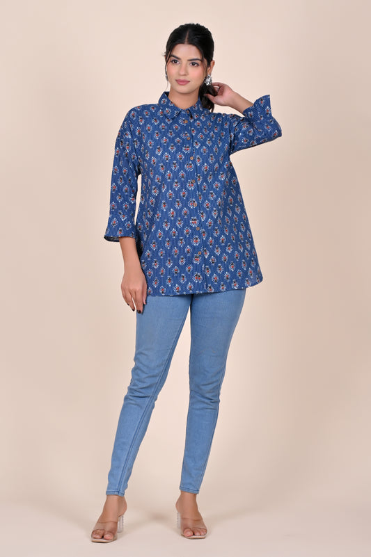 Women's Katha Work Pure Cotton Shirt – Indigo Floral Buti Design