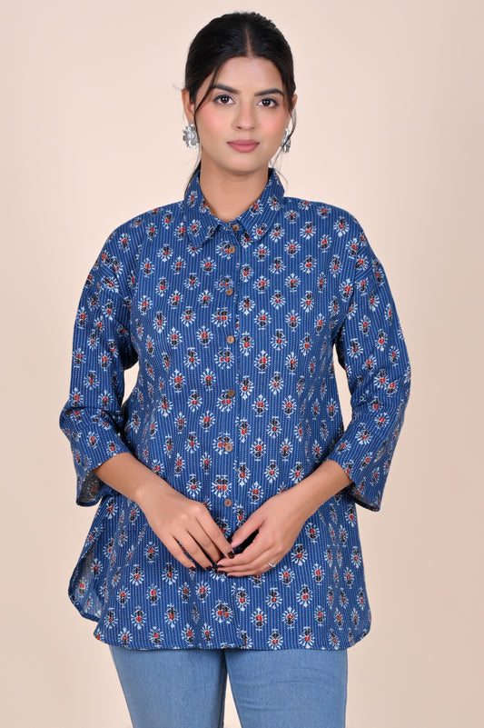 Women's Katha Work Pure Cotton Shirt – Indigo Floral Buti Design