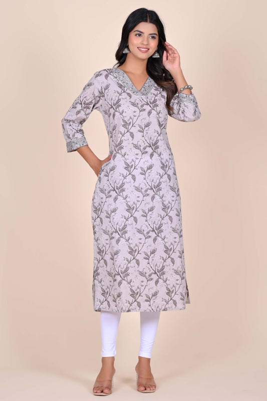 Sanganeri Floral Print Grey Cotton Kurti