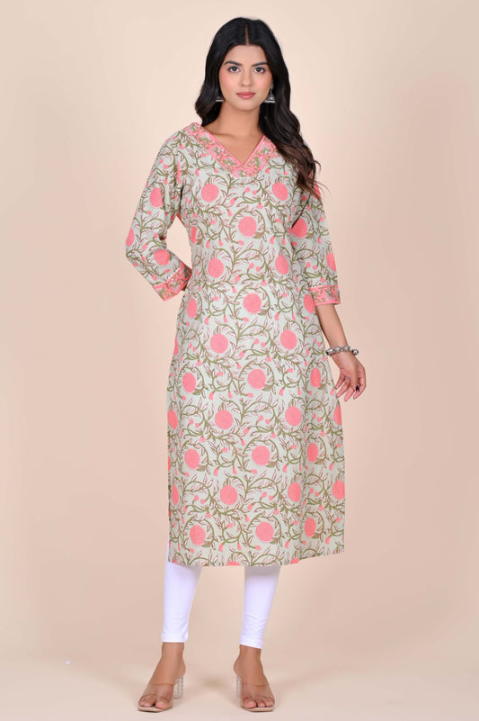 Sanganeri Floral Print Sage Green Cotton Kurti