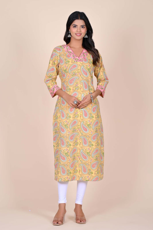 Sanganeri Floral Paisley Print Yellow Cotton Kurti