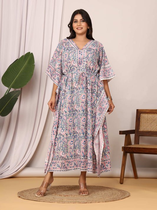 Sanganeri Print Grey & Pink Cotton Kaftan