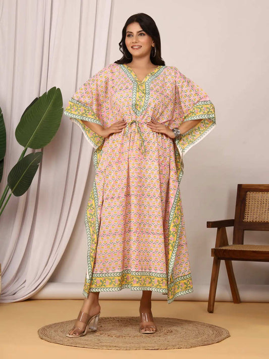 Sanganeri Floral Print Pink & Yellow Cotton Kaftan