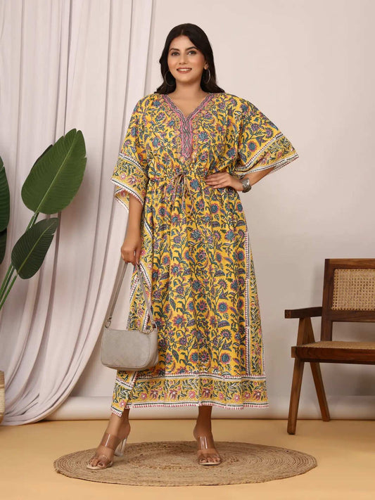 Sanganeri Floral Print Mustard Cotton Kaftan