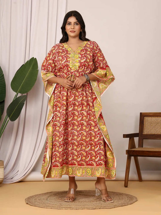 Sanganeri Paisley Print Red & Yellow Cotton Kaftan
