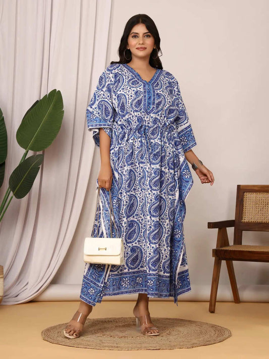 Sanganeri Paisley Print Blue & White Cotton Kaftan