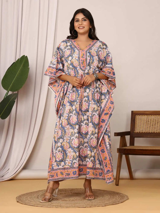 Sanganeri Paisley Print Blue & Pink Cotton Kaftan