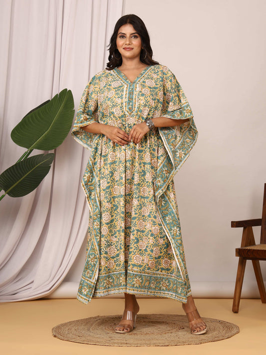 Sanganeri Floral Print Beige & Green Cotton Kaftan