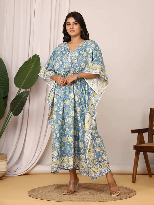 Sanganeri Floral Print Blue & Yellow Cotton Kaftan