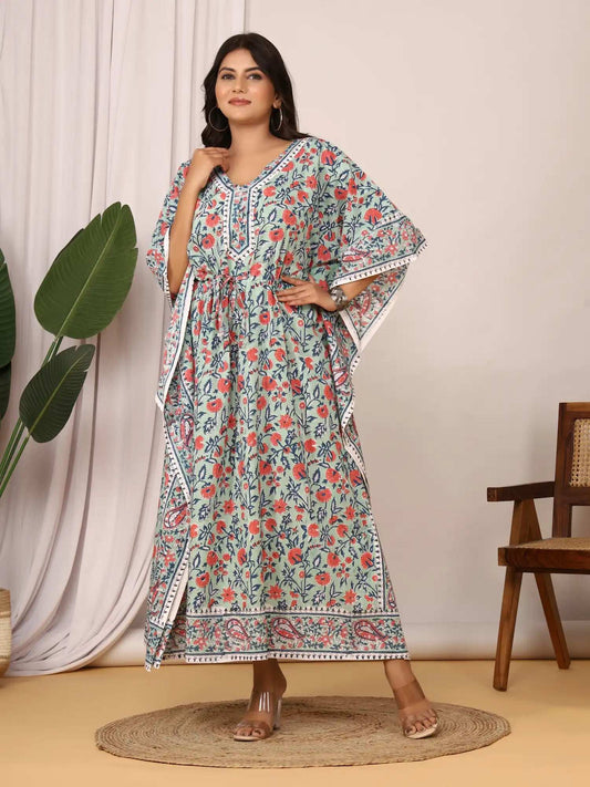 Sanganeri Floral Print Mint Green & Red Cotton Kaftan