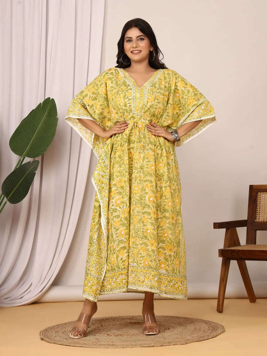 Sanganeri Floral Print Mustard Yellow & Green Cotton Kaftan