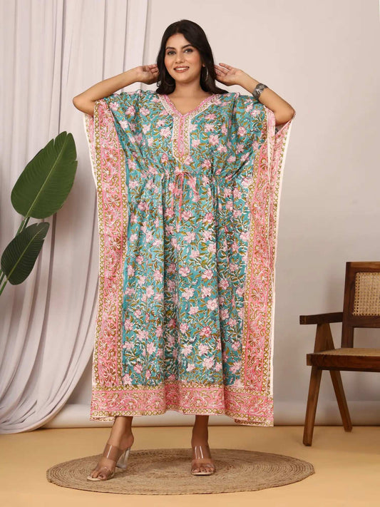 Sanganeri Floral Print Mustard Teal & Pink Cotton Kaftan