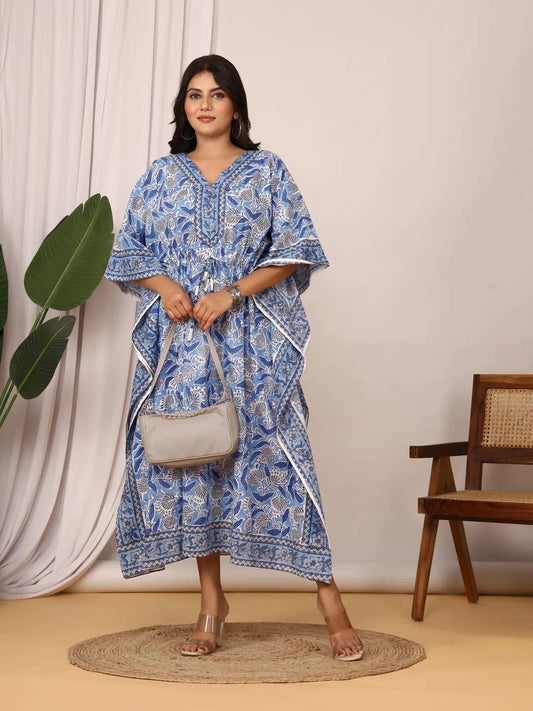 Sanganeri Floral Print Mustard Blue & White Cotton Kaftan