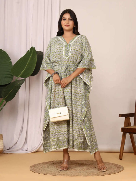 Sanganeri Tulip & Leaf Print Green & Grey Cotton Kaftan
