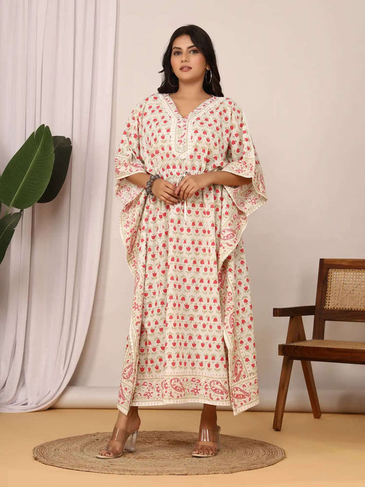 Sanganeri Tulip Flower Print Pastel Green & Red Cotton Kaftan