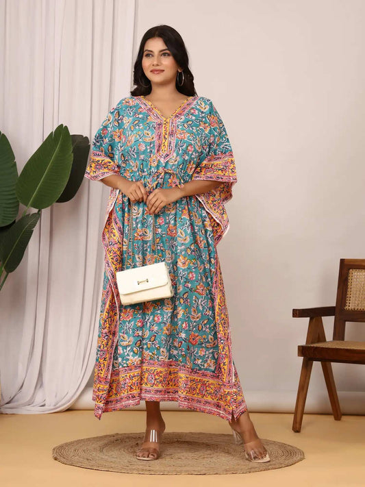 Sanganeri Floral Vine Print Teal & Yellow Cotton Kaftan