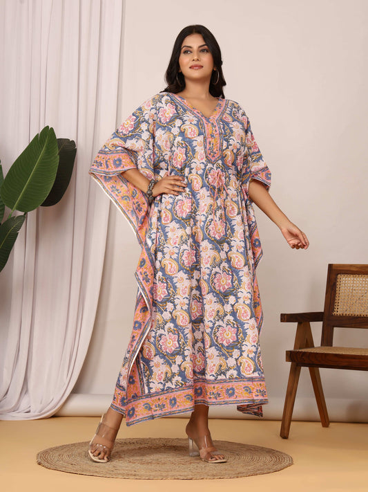 Sanganeri Floral Print Blue & Pink Cotton Kaftan