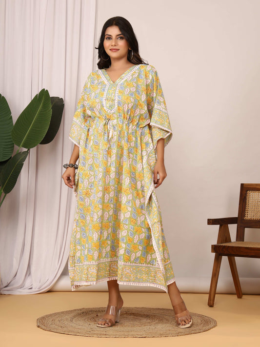 Sanganeri Print Green & Yellow Cotton Kaftan