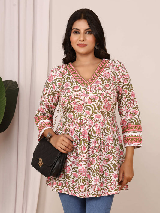 Sanganeri Pink & Green Floral Cotton Top