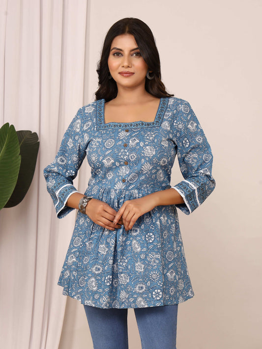 Sanganeri Blue & White Floral Cotton Top