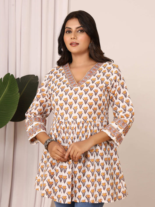 Sanganeri Ivory & Mustard Floral Cotton Top