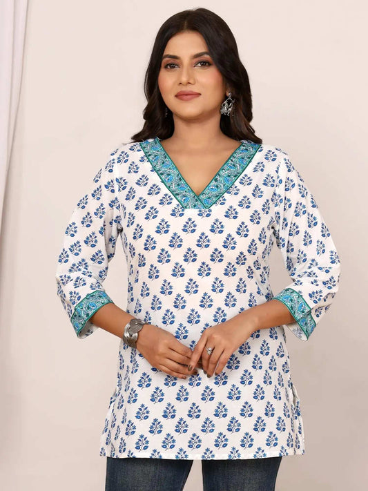 Sanganeri Blue Floral Buti Print Cotton Top