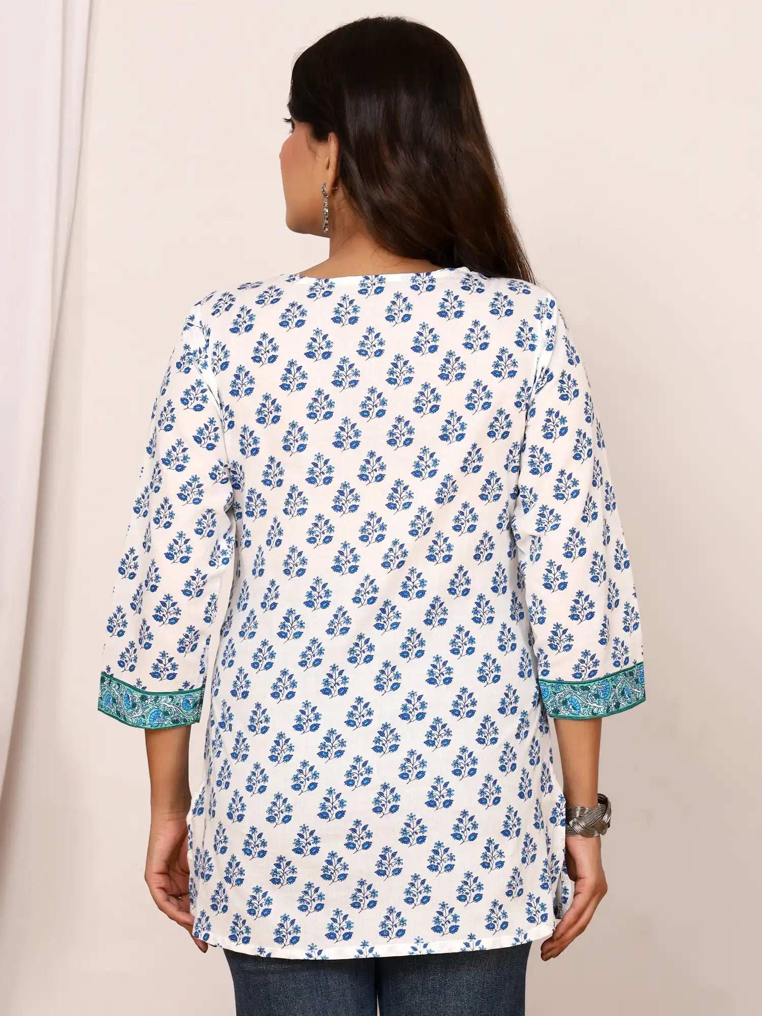Sanganeri Blue Floral Buti Print Cotton Top