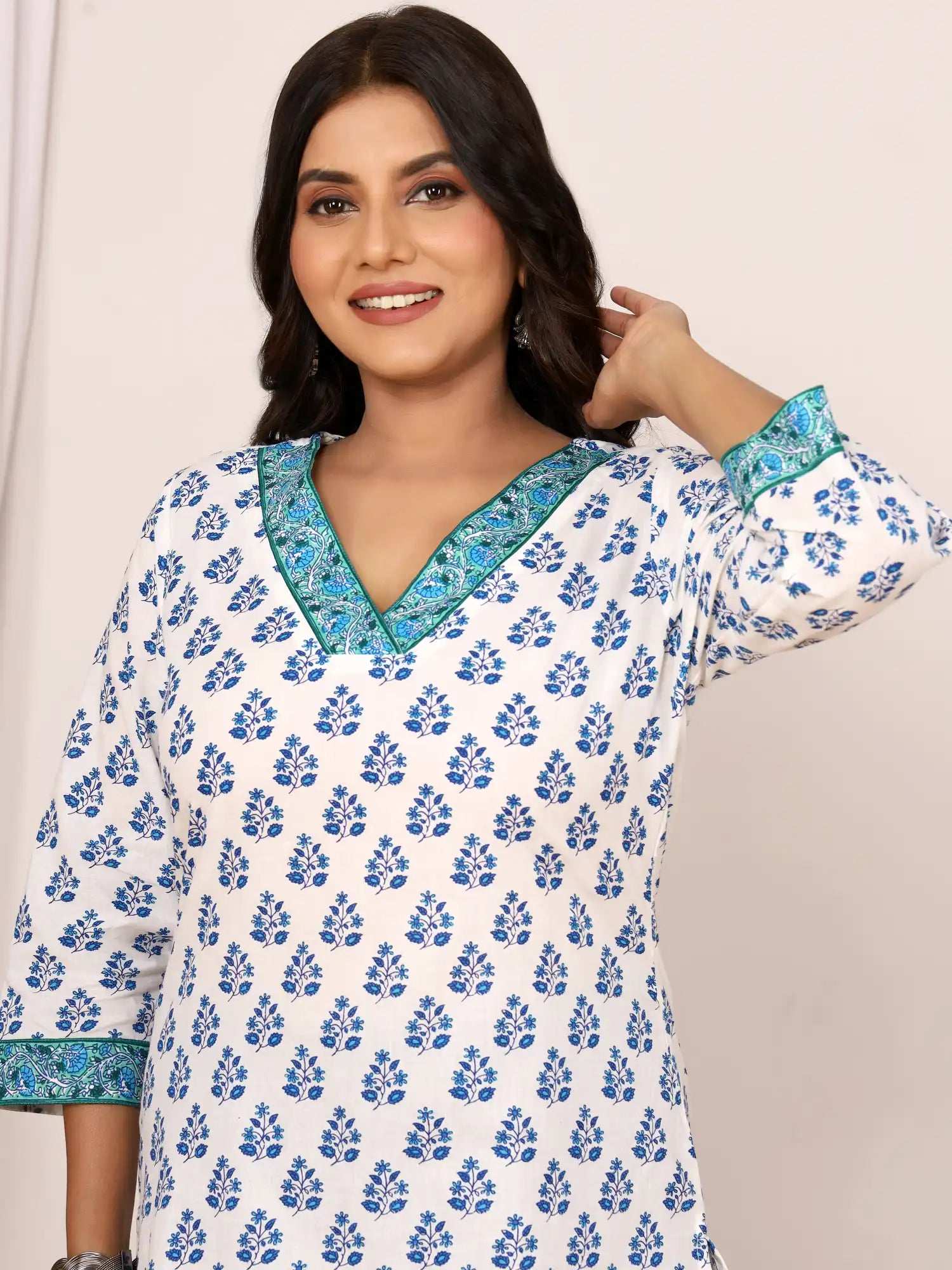 Sanganeri Blue Floral Buti Print Cotton Top