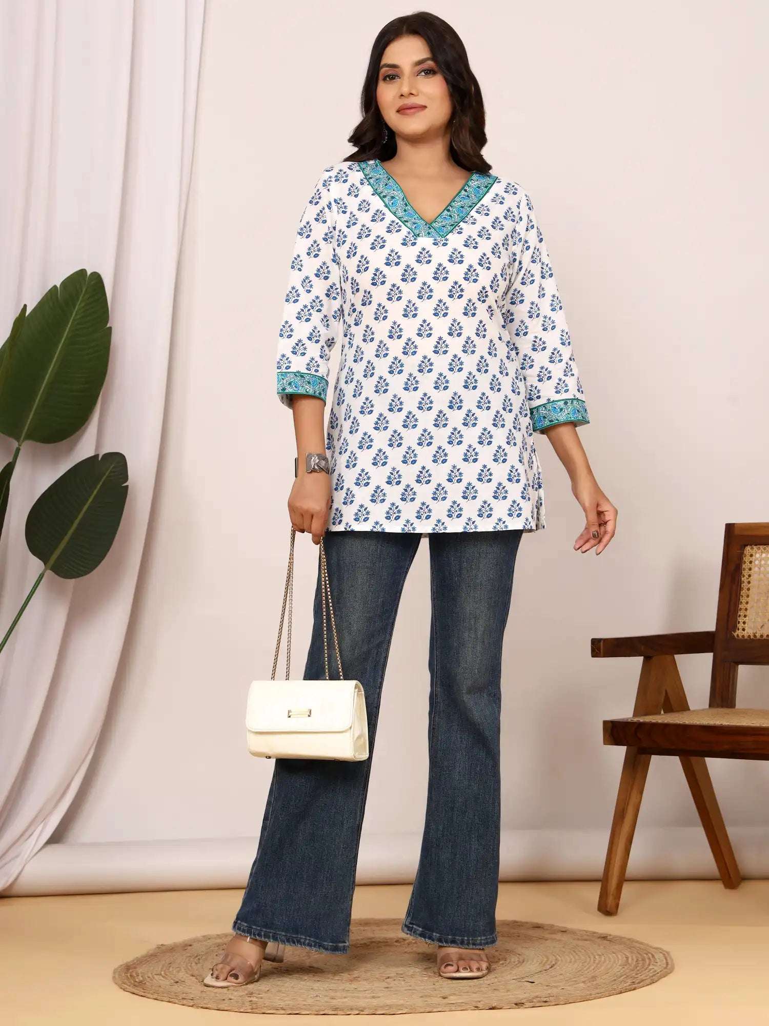 Sanganeri Blue Floral Buti Print Cotton Top