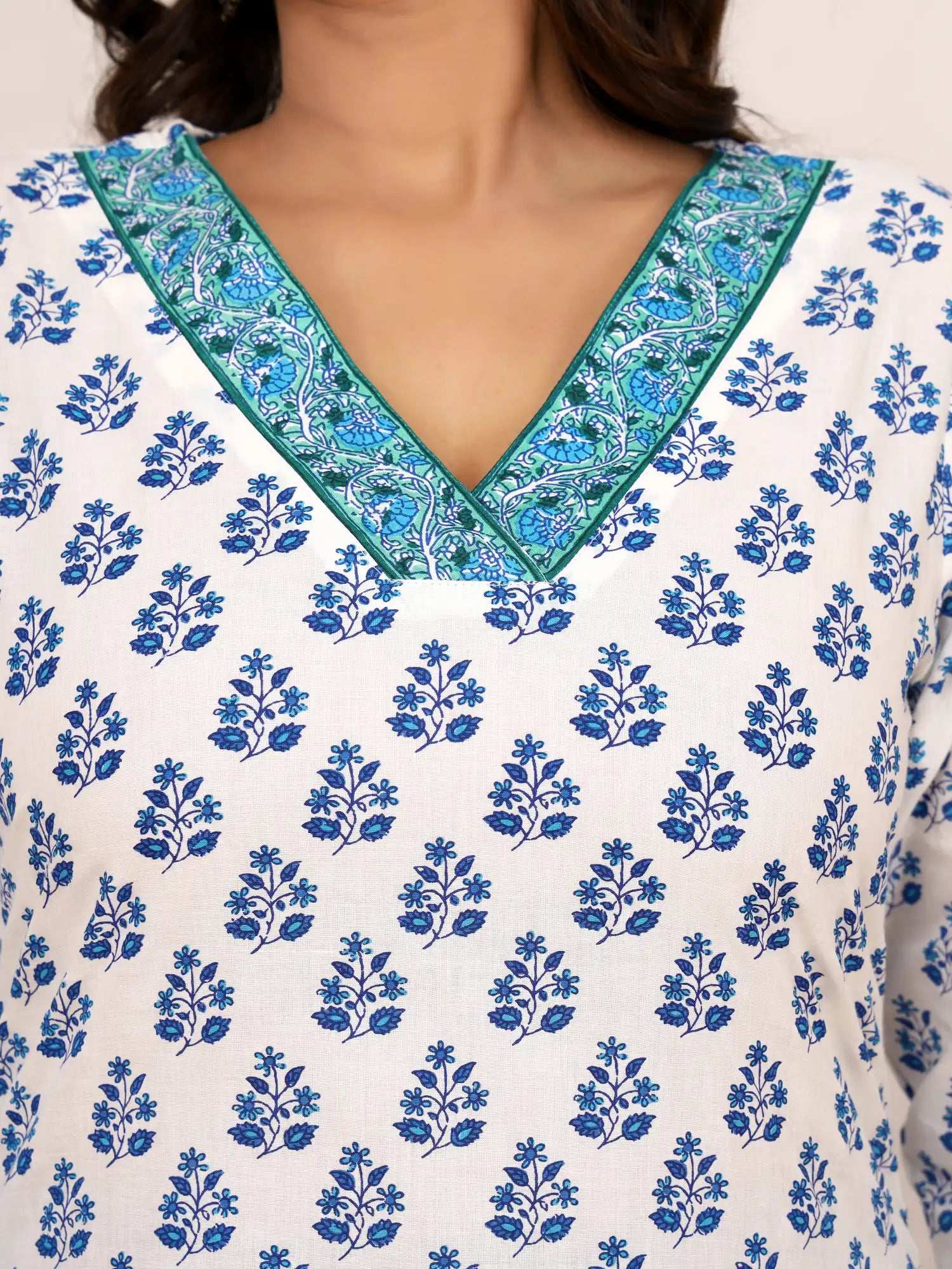 Sanganeri Blue Floral Buti Print Cotton Top