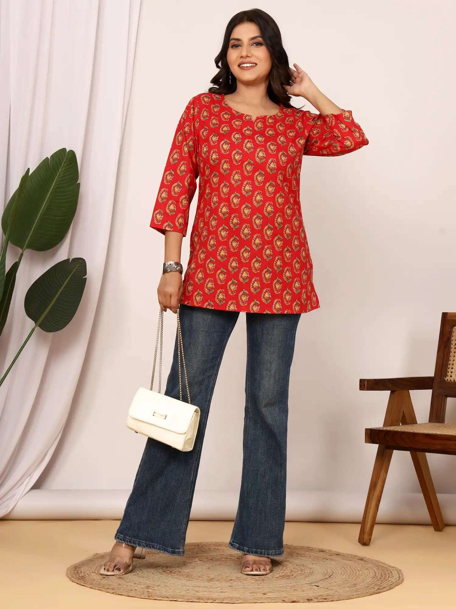 Sanganeri Red Floral Buti Print Cotton Top