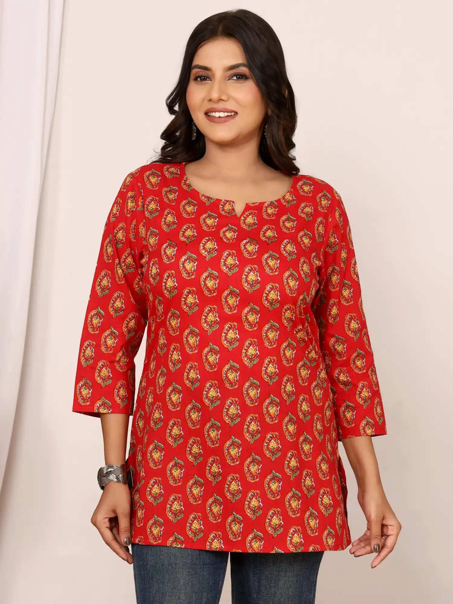 Sanganeri Red Floral Buti Print Cotton Top