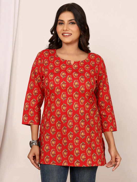 Sanganeri Red Floral Buti Print Cotton Top