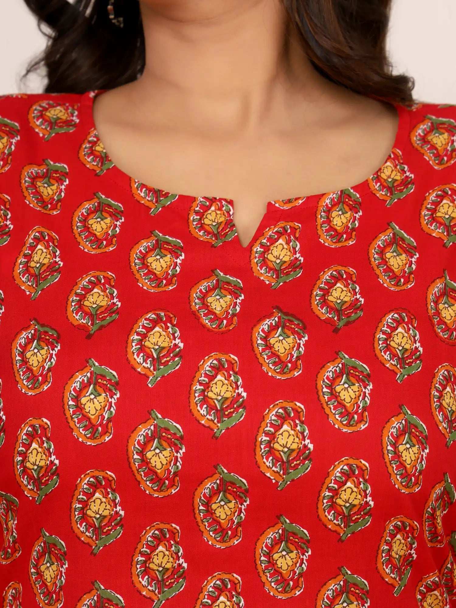 Sanganeri Red Floral Buti Print Cotton Top