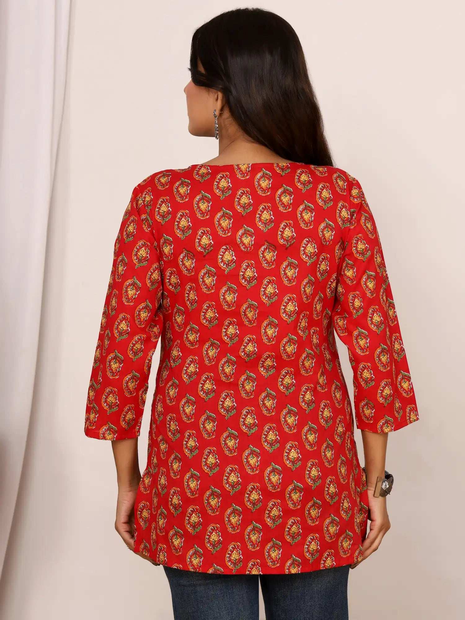 Sanganeri Red Floral Buti Print Cotton Top