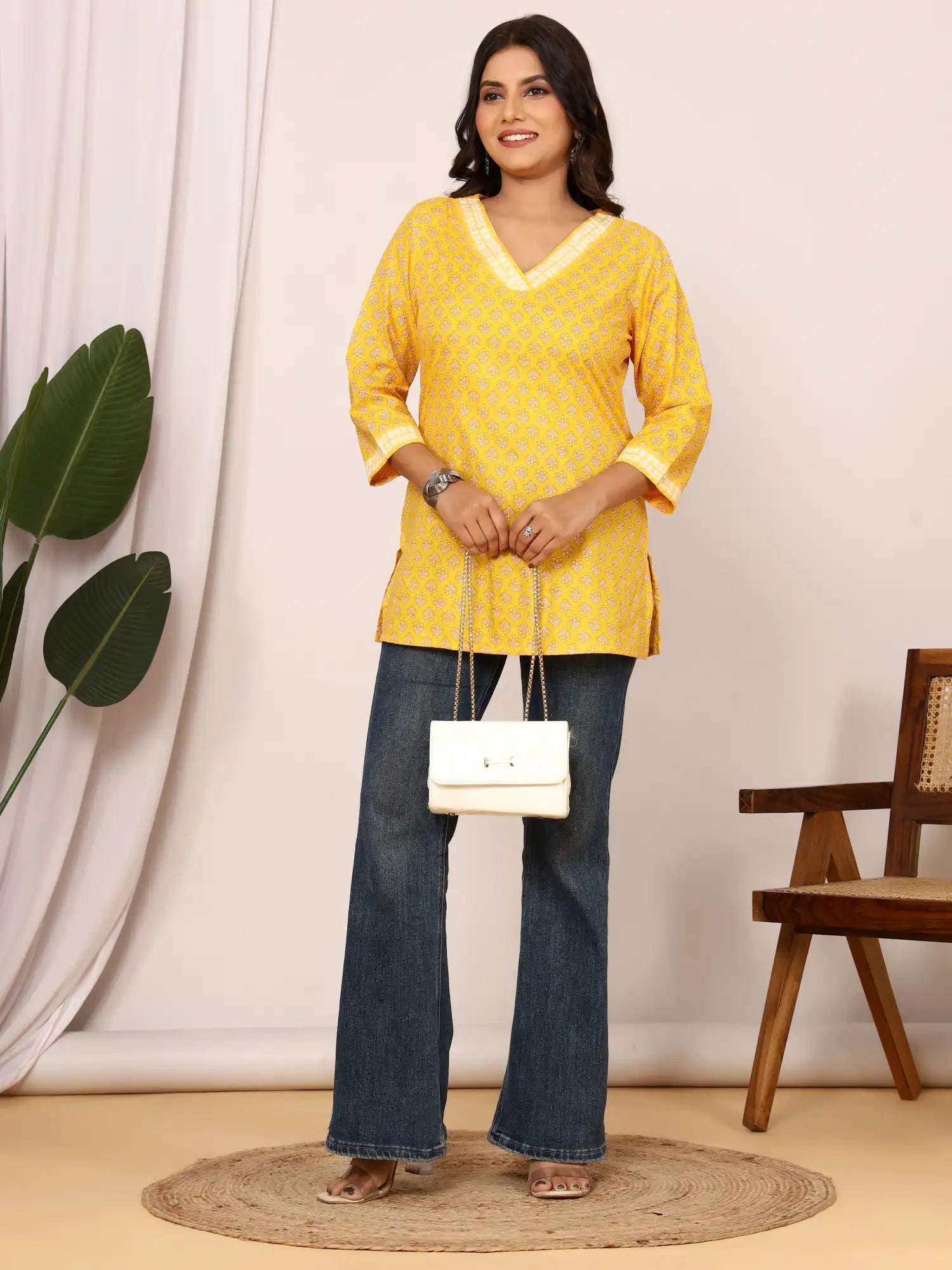 Sanganeri Yellow Flower Buti Print Cotton Top